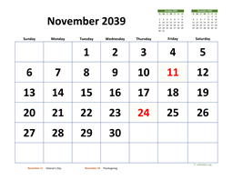 November 2039 Calendar with Extra-large Dates