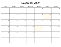November 2039 Calendar with Bigger boxes