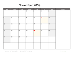 November 2039 Calendar with Notes
