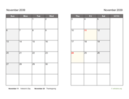 November 2039 Calendar on two pages