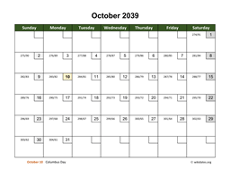 October 2039 Calendar with Day Numbers