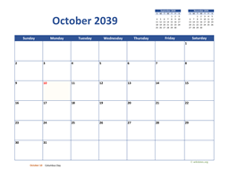 October 2039 Calendar Classic