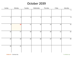 October 2039 Calendar with Bigger boxes