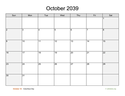 October 2039 Calendar with Weekend Shaded