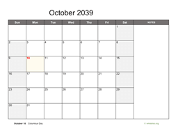 October 2039 Calendar with Notes