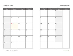 October 2039 Calendar on two pages