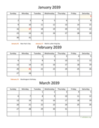three months 2039 calendar vertical