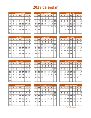 Full Year 2039 Calendar on one page