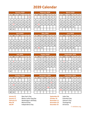 Calendar 2039 Vertical