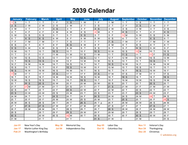 2039 Calendar Horizontal, One Page