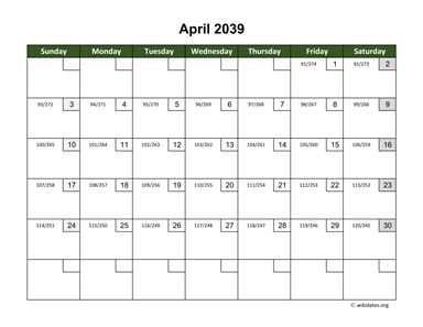 April 2039 Calendar with Day Numbers