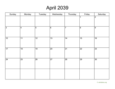 Basic Calendar for April 2039