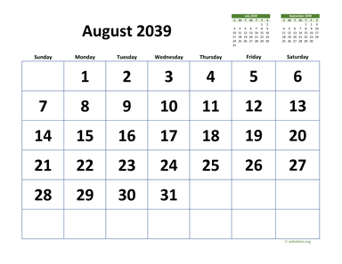 August 2039 Calendar with Extra-large Dates