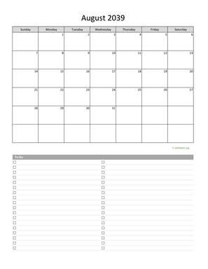 August 2039 Calendar with To-Do List | WikiDates.org