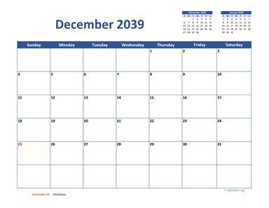December 2039 Calendar Classic