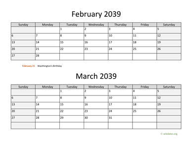 February and March 2039 Calendar Horizontal