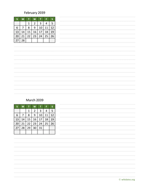 February and March 2039 Calendar with Notes