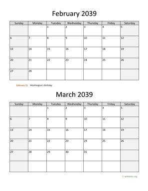February and March 2039 Calendar Vertical