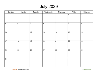 Basic Calendar for July 2039