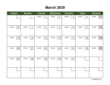 March 2039 Calendar with Day Numbers