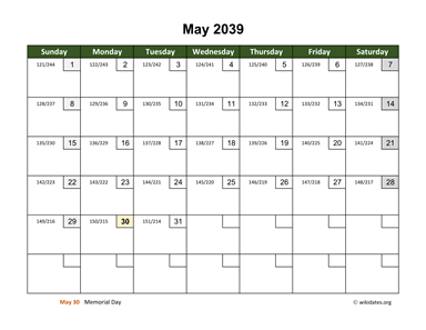 May 2039 Calendar with Day Numbers