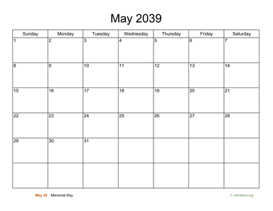 Basic Calendar for May 2039