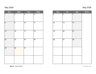 May 2039 Calendar on two pages