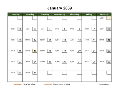 Monthly 2039 Calendar with Day Numbers