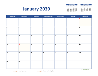 Monthly 2039 Calendar Classic