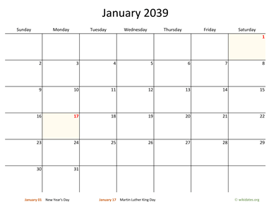 Monthly 2039 Calendar with Bigger boxes