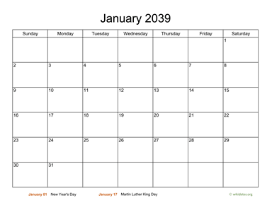 Monthly Basic Calendar for 2039