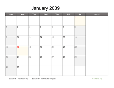 Monthly 2039 Calendar with Notes