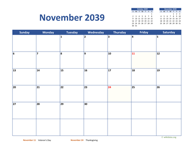 November 2039 Calendar Classic