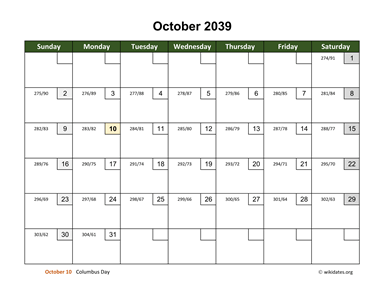 October 2039 Calendar with Day Numbers