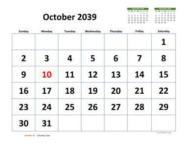 October 2039 Calendar with Extra-large Dates