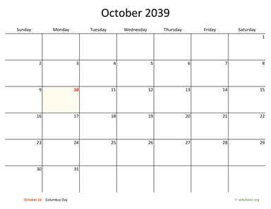 October 2039 Calendar with Bigger boxes