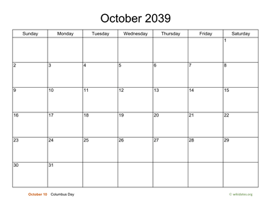 Basic Calendar for October 2039