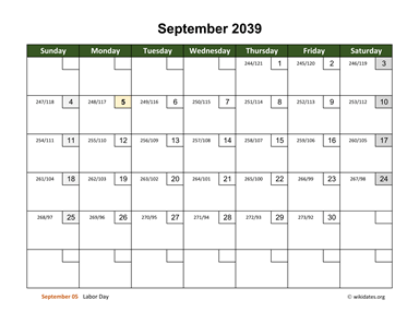 September 2039 Calendar with Day Numbers