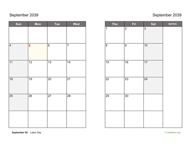September 2039 Calendar on two pages