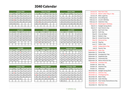 2040 Calendar with US Holidays