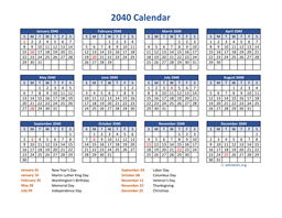 PDF Calendar 2040 with Federal Holidays