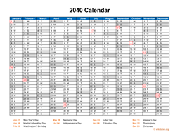 2040 Calendar Horizontal, One Page