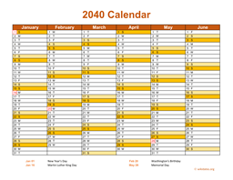 2040 Calendar on 2 Pages, Landscape Orientation
