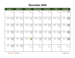 December 2040 Calendar with Day Numbers