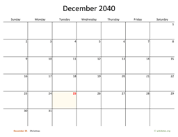 December 2040 Calendar with Bigger boxes