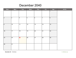 December 2040 Calendar with Notes