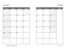 July 2040 Calendar on two pages