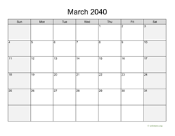 March 2040 Calendar with Weekend Shaded