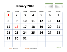 Monthly 2040 Calendar with Extra-large Dates