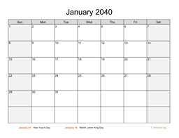 Monthly 2040 Calendar with Weekend Shaded